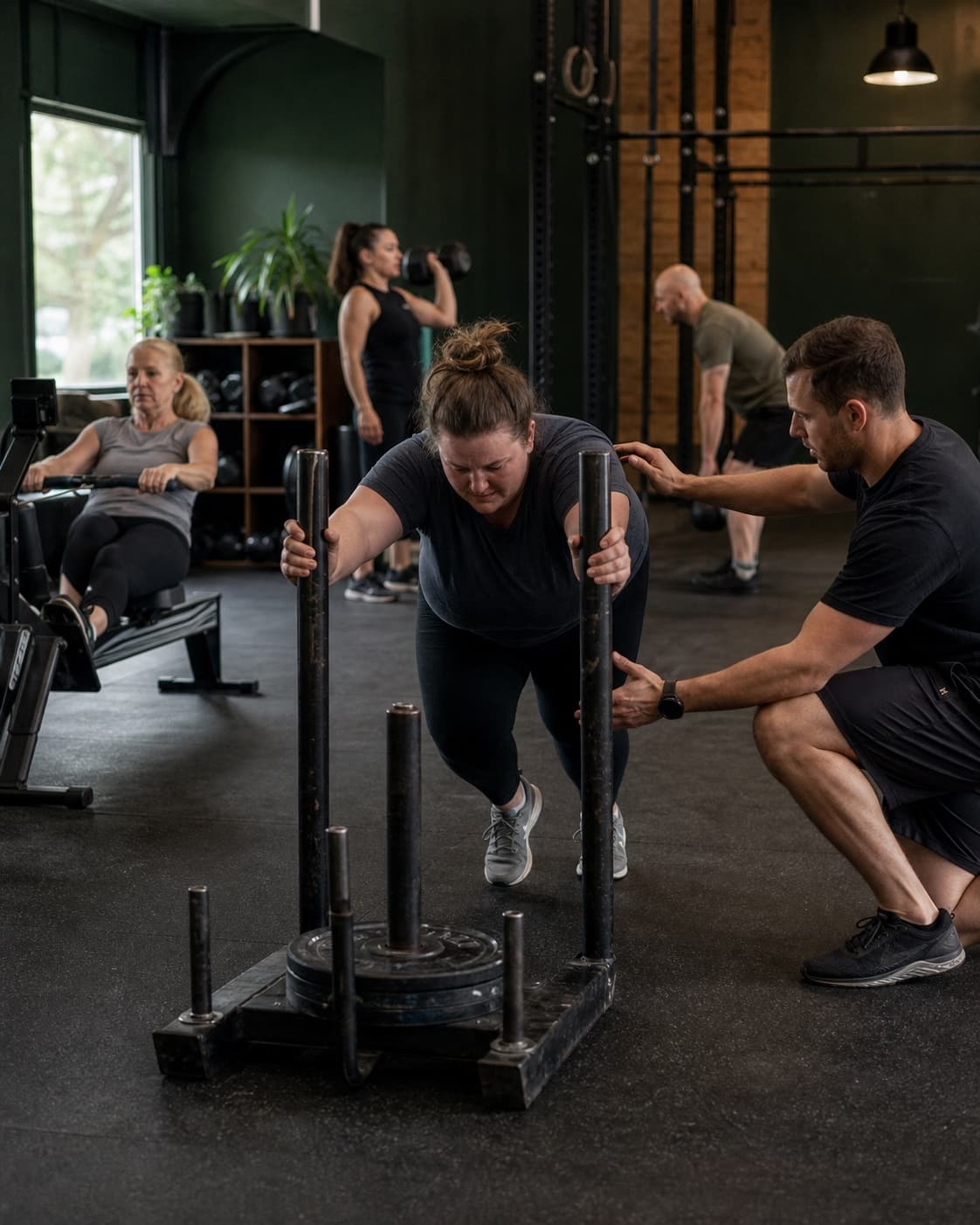 A coach supporting a member during a functional fitness session